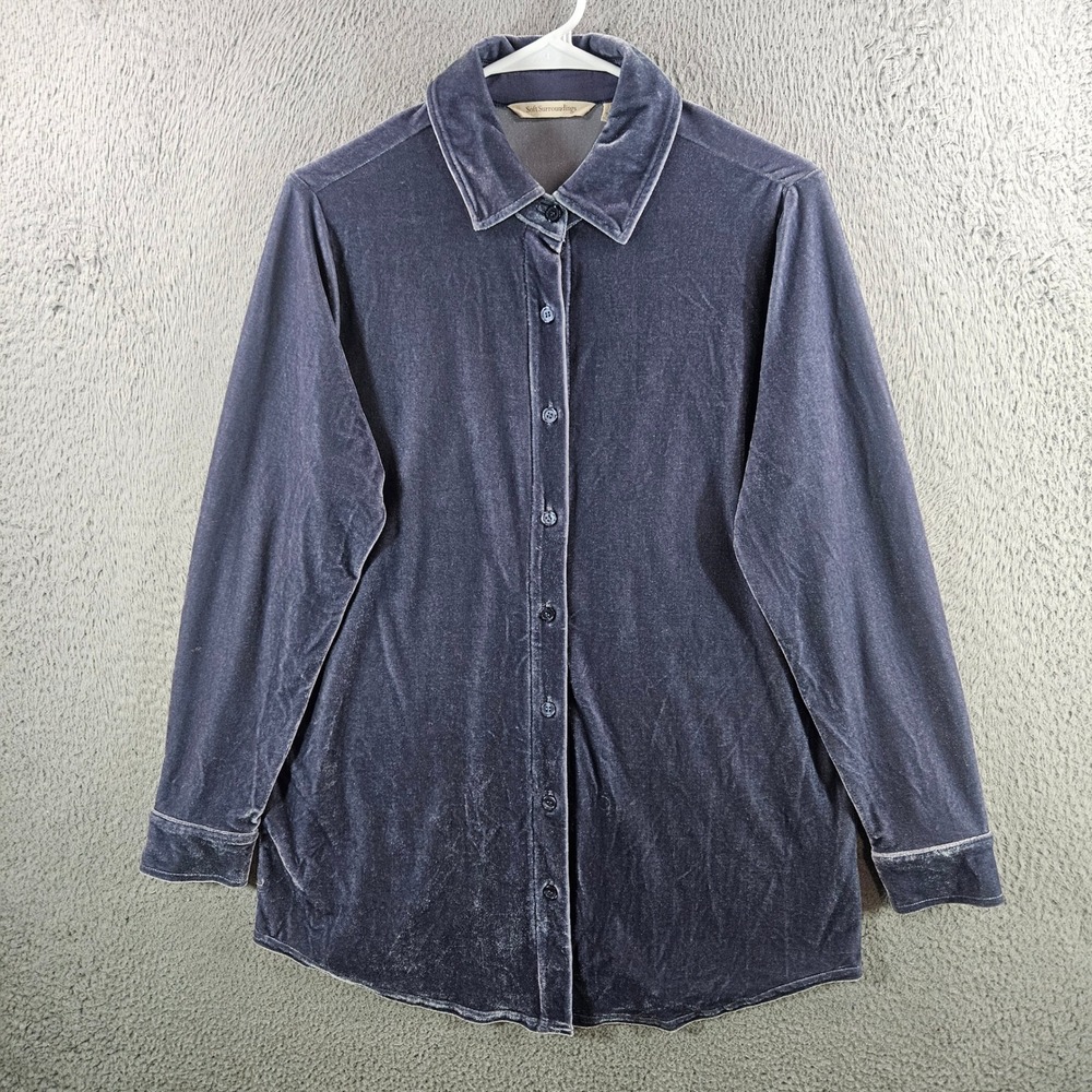 Soft Surroundings Womens Blue Stretch Velvet Button Down Shirt Small
